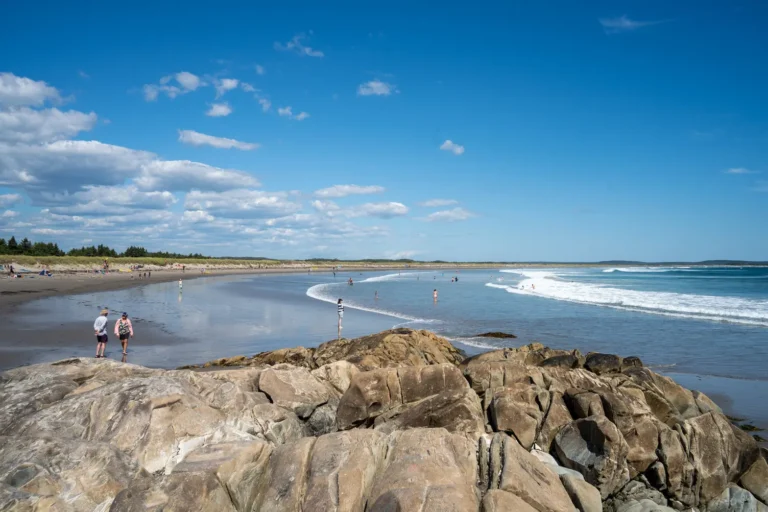 Rocky outcrop overlooking Martinique Beach on Nova Scotia's Eastern Shore on a sunny day