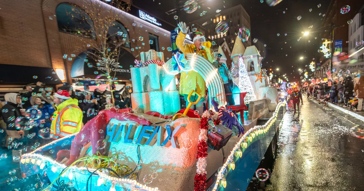 Illuminated holiday float spelling out “Halifax” during a past Holiday Parade of Lights in downtown Halifax